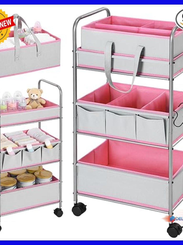 3-Tier Rolling Diaper Cart With Removable Divider, Large Storage, Lockable